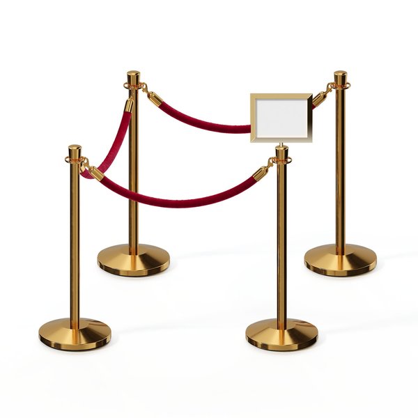 Montour Line Stanchion Post & Rope Kit PolBrass 4CrownTop 3Maroon Rope 8.5x11H Sign C-Kit-3-PB-CN-1-Tapped-1-8511-H-3-PVR-MN-PB